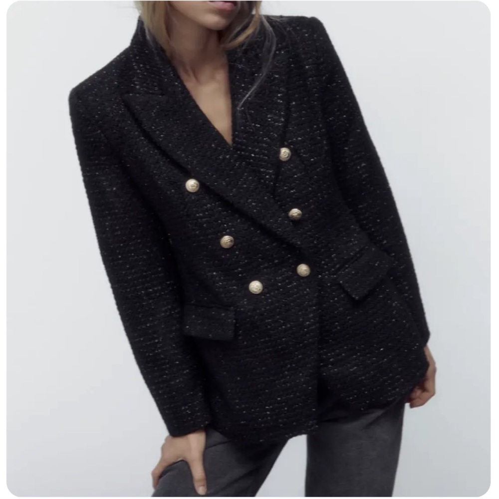 ZARA DOUBLE BREASTED TEXTURED WEAVE JACKET BLAZER GOLD Buttons BLACK SIZE XS NEW